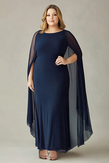 Navy Chiffon Plus Size Mother of the Bride Dress with Cape
